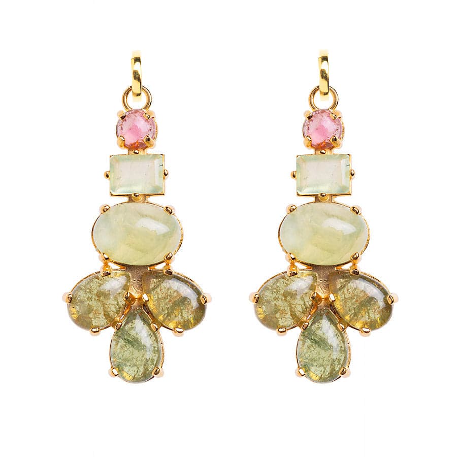 Huggie with pink tourmaline, prehnite and vesuvianite earrings