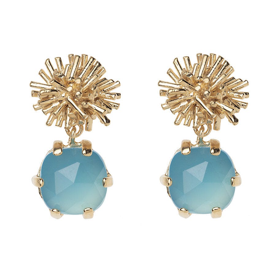 Sunburst with cushion cut blue chalcedony earrings