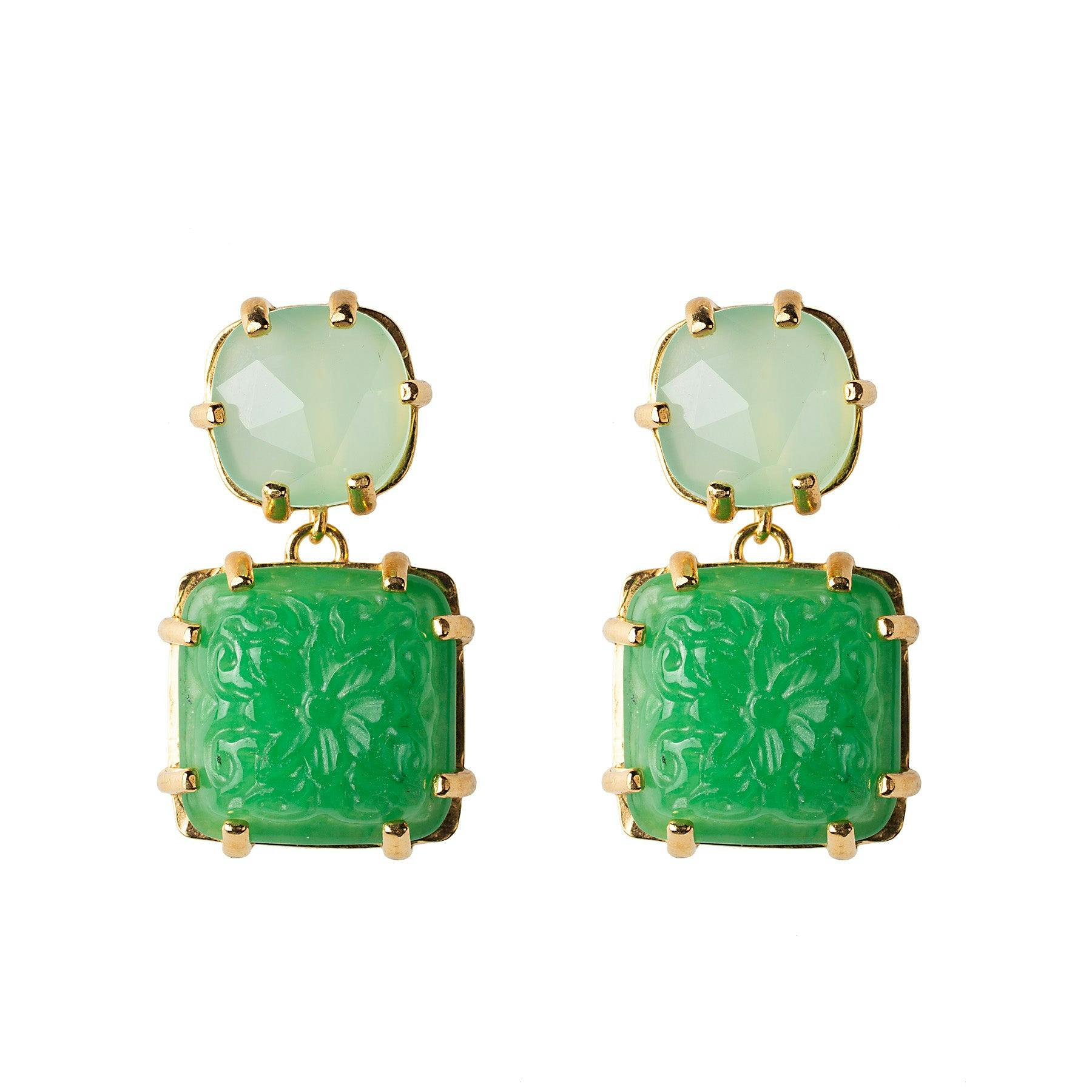 Rose cut aqua chalcedony with carved green quartz earrings