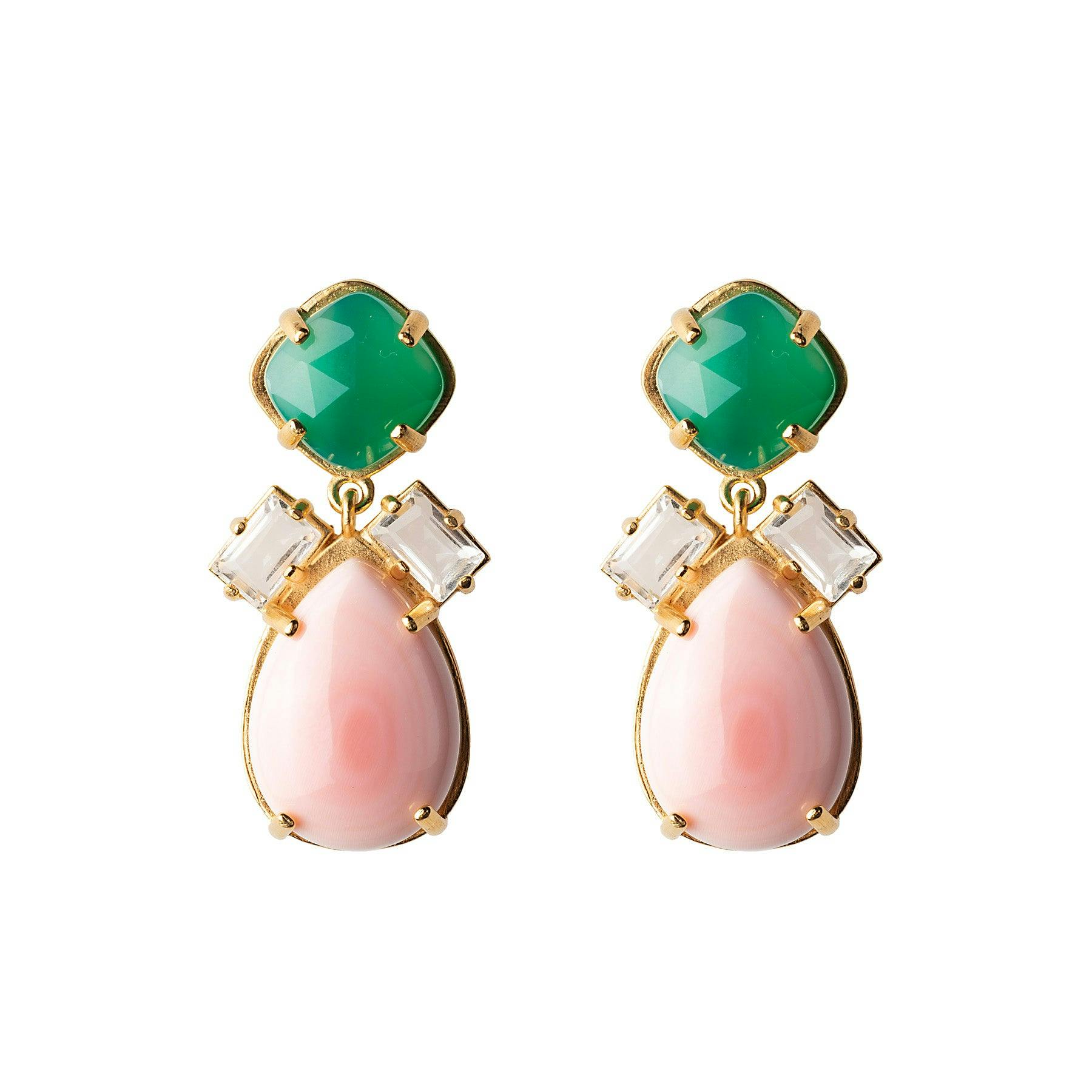 Green onyx and pink conch shell earring with rock crystal