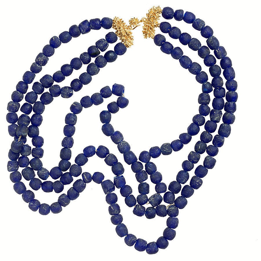 Blue Three Strand Glass Bead Necklace - N2204B-1