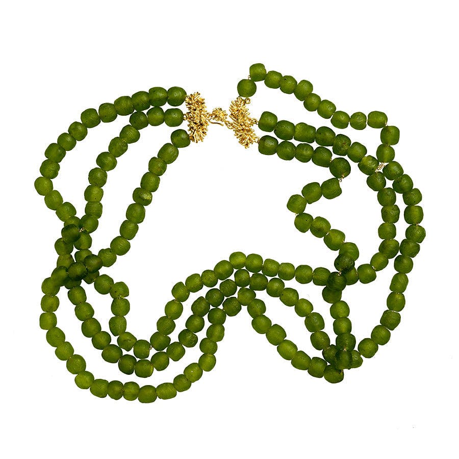 Olive Green Three Strand Glass Bead Necklace