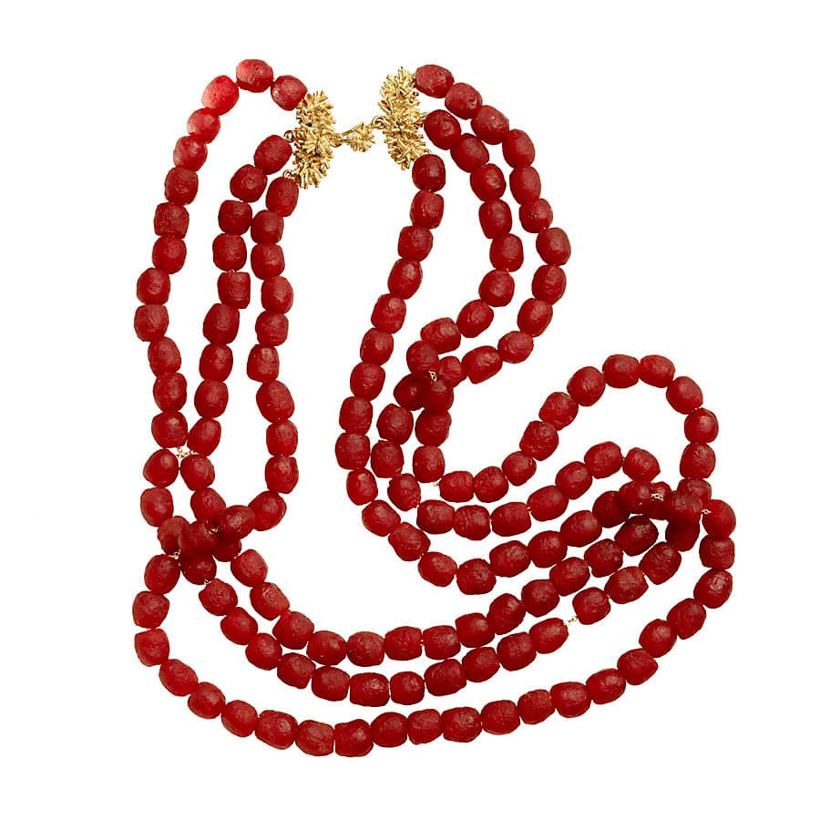 Red Three Strand Glass Bead Necklace